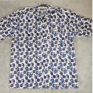 Thai Silk Collection Elephant Print Button Down Shirt Blue White Short Sleeve XL